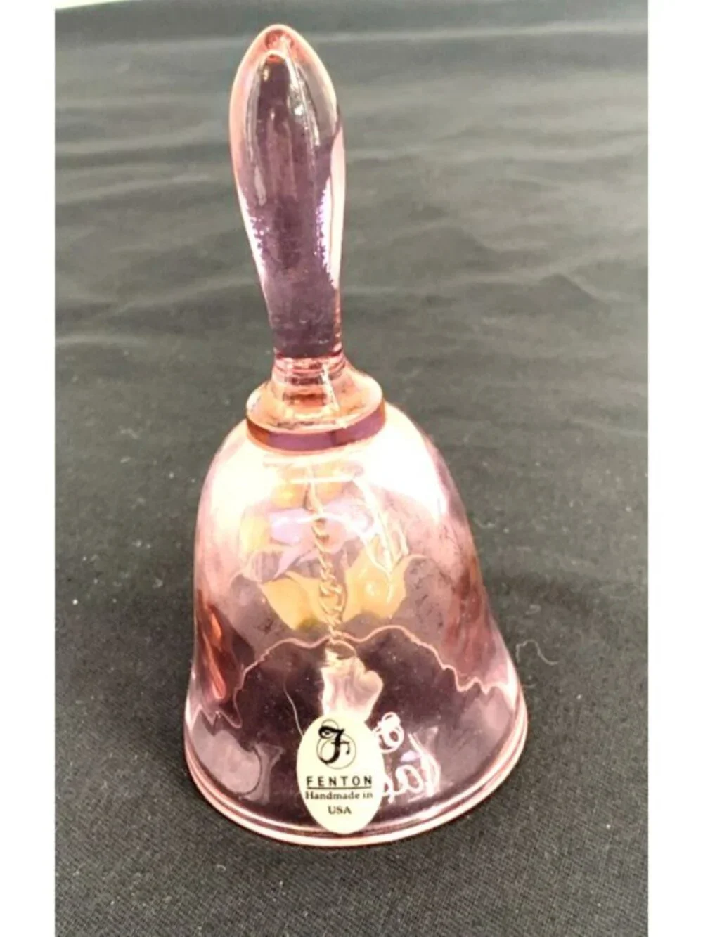Fenton Iridescent Pink Hand Painted Butterfly Floral Glass Bell Signed 4.5